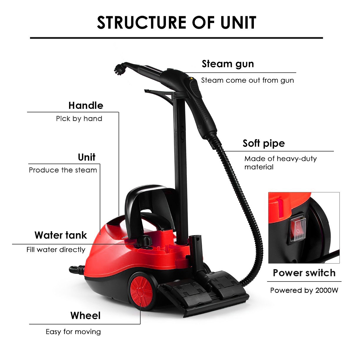 Steam Cleaner 2000w 2.1L 13 in 1 Red - Image 2